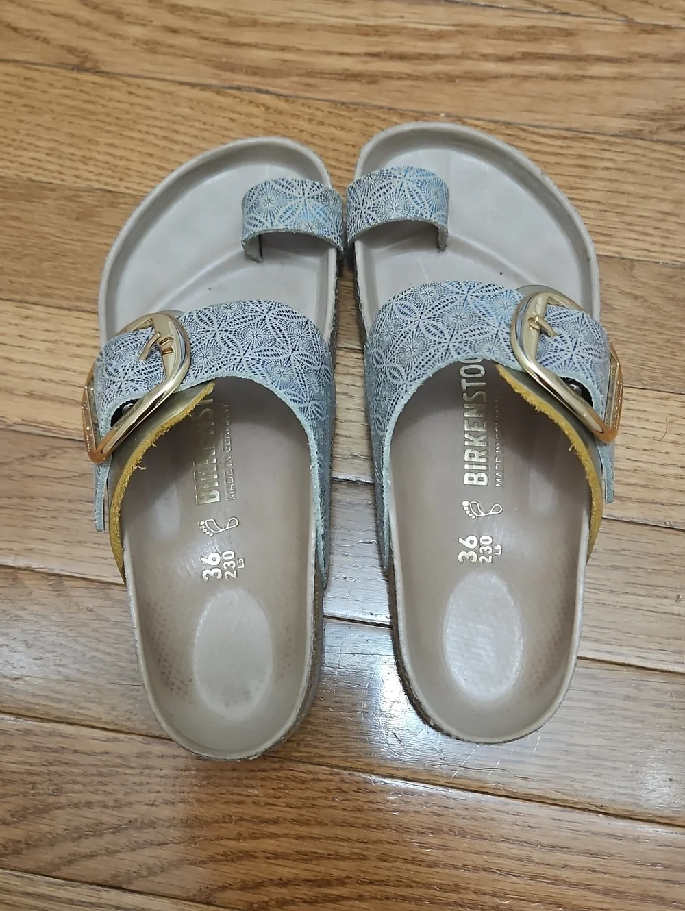 Birkenstock Women's Light Blue Patterned Two-Strap Sandal with Gold Buckles